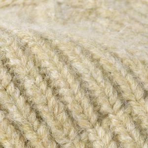Thick light yellow striped jacquard knit beanie with warm mohair wool texture detail