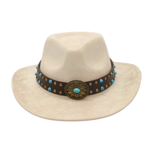 Retro Western Cowboy Hat Faux Suede Wide Brim Fedora With Turquoise Beads Leather Band Vintage Metal Concho Ethnic Style