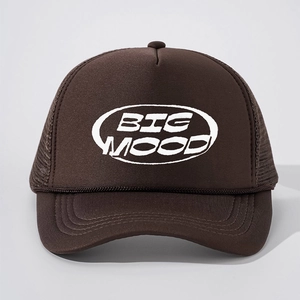 Dark brown BIG MOOD embroidered foam trucker hat with breathable mesh and adjustable strap