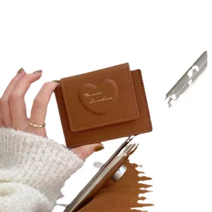 Brown lychee leather short wallet with heart stitching and golden sunshine lettering