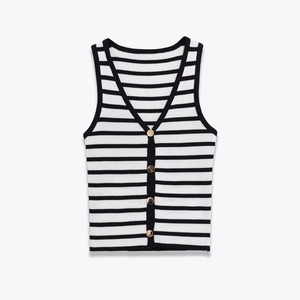 Women Striped Knitted Vest Sleeveless V Neck Cardigan Top With Golden Buttons Ribbed Polyester Acrylic Casual
