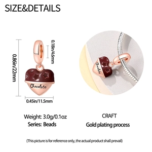 Detailed view of heart chocolate pendant with size measurements and 4.6mm bead hole
