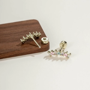 Coffee gold geometric curved ear studs with zircon heart gems and screw back closure