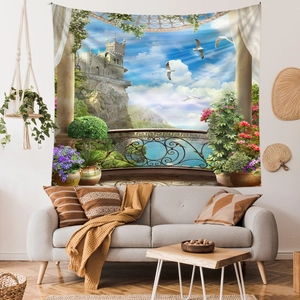 Detail showing high-definition digital print of Mediterranean sea view on polyester tapestry