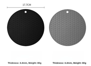 Detail of round silicone pot mats with wave texture, 17.7cm diameter and 4.4mm thickness