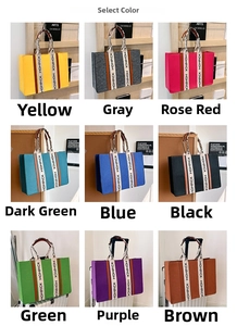Collage of large felt tote bags in nine colors with letter printed shoulder straps