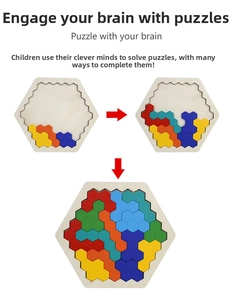 Three-step assembly guide for a colorful hexagonal wooden logic puzzle for kids