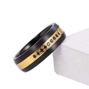 Men's tungsten and stainless steel ring with black brushed finish and gold track