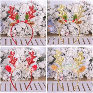 Christmas Reindeer Antler Headband Glitter Horn Hair Hoop With Bell Pine Needle Holiday Party Girls Women Fancy Dress Up