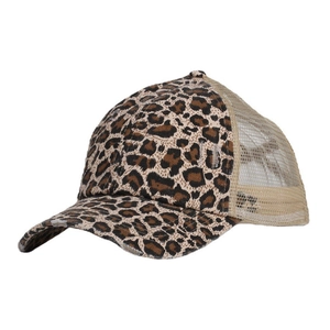 Detail of leopard print trucker hat featuring breathable mesh back and curved brim