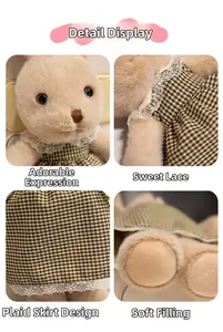 Dettaglio della pelliccia del coniglio di peluche, vestito a quadri e pizzo bianco