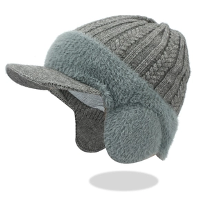 Winter fleece-lined knit earflap hat for men with brim in medium gray color