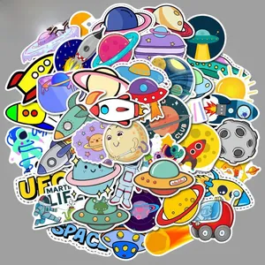 Detail of space-themed waterproof stickers showing colorful planets and astronauts