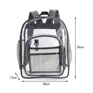 Detailed size chart showing 36x28x12cm dimensions for the clear PVC backpack