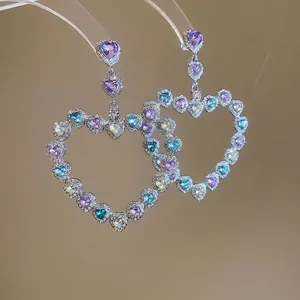 Boucles D'oreilles Pendantes Cœur Évidé En Zircon Coloré Avec Tige En Argent Sterling 925 Bijoux À La Mode Pour Femmes