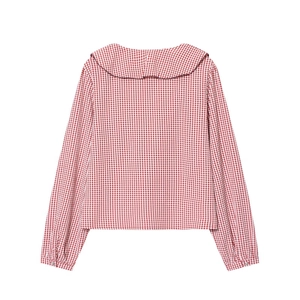 Women's vintage red and white plaid shirt with large sailor collar in casual style
