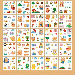 Detailed grid of 30 cute cartoon bear decorative stickers for scrapbooking and DIY crafts