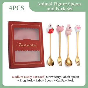 Golden stainless steel animal theme spoon and fork 4-piece set in a red gift box