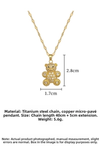 Detail of crystal teddy bear pendant with titanium steel chain and product dimensions