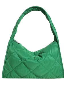 Green quilted nylon shoulder bag with diamond pattern and padded down jacket style design