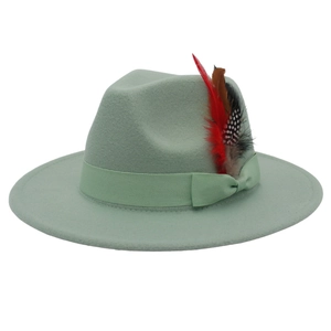 Eleganter salbeigrüner Wollfilz-Fedora mit Schleifenband und dekorativen Federn