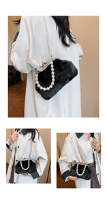 Detailed views of a black plush shell bag featuring elegant pearl handle and gold clasp