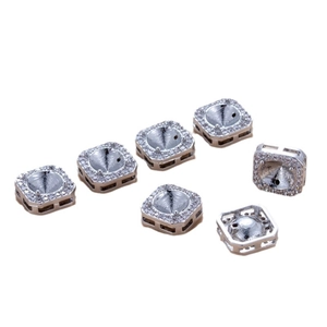 Square silver stud earring mountings with clear zircons shown from multiple angles