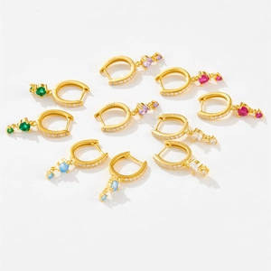 S925 sterling silver geometric gold earrings with colorful zircon gemstones