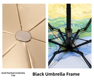 Detail of golden metal umbrella cap and artistic starry night oil painting inner lining