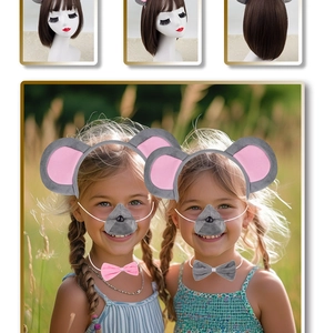 Three-piece mouse costume set including gray ears headband, nose, and bowtie for cosplay