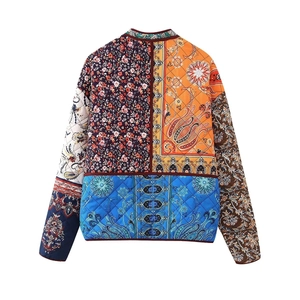 Quilted paisley patchwork cotton jacket with colorful floral prints and round neck