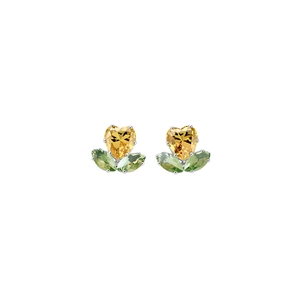 Elegant 18k gold plated flower stud earrings with yellow heart and green zircons.