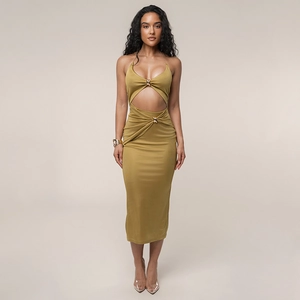 Chic mustard yellow halter dress with side cut-outs and metal ring details in slim fit