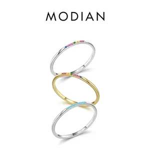 Set of three slim S925 sterling silver rings featuring colorful rainbow stones inlay