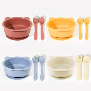 Silicone Baby Bowl Fork And Spoon Feeding Tableware With Suction Cup Base Cartoon Bear Shape BPA Free For Toddlers Infants