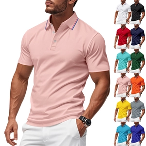Detail view of pink men's polo shirt with multiple color swatches in 12 vibrant shades