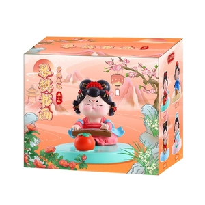 Detail of Tang Dynasty style figurine phone holder with guqin and themed gift box packaging
