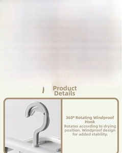 Detail of 360-degree rotating windproof hook on a foldable drying rack with multiple clips