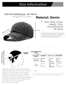 Size chart for washed denim baseball cap detailing brim length and head circumference
