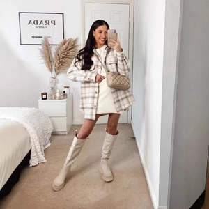 Veste Chemise À Carreaux Pour Femmes Oversized Effet Laine Épais Manches Longues Décontracté Avec Poches