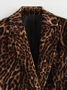 Close-up of leopard print blazer showing detailed lapel design and black lining texture