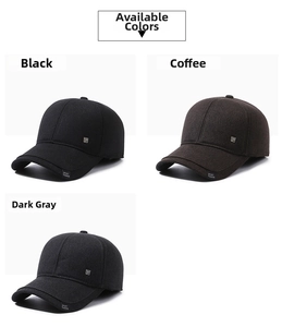 Close-up of winter baseball caps in black, coffee and dark grey with metal details