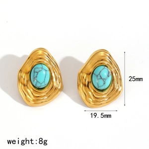 Boucles d'oreilles vintage en acier doré avec pierre turquoise de forme irrégulière