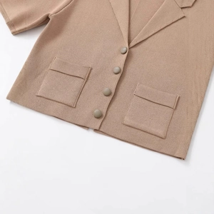 Short sleeve knit cardigan with lapel collar and buttons in light khaki minimalist style