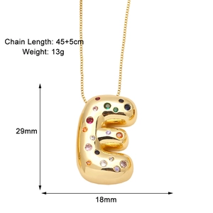 Detail view of gold letter E necklace with colorful zircon stones and size specifications