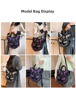 Gothic cat-head shaped crossbody bag with star embroidery shown on model in various poses