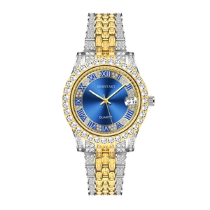Montre quartz luxe femme avec cadran bleu, diamants cristal et bracelet acier bicolore