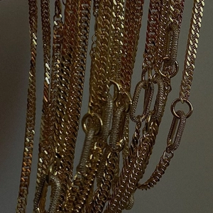 Gold plated punk choker necklaces with cubic zirconia geometric links and flat chains