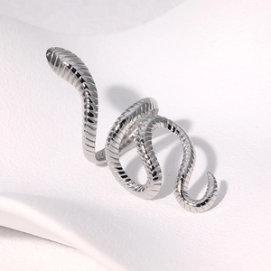 Adjustable silver snake wrap ring with detailed scale texture and multi-layer design