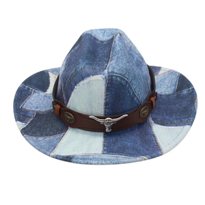 Western cowboy hat with patchwork denim print and silver bull head metal buckle accessory